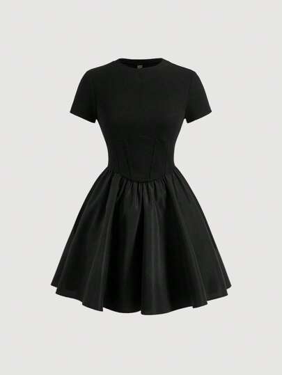 SHEIN MOD Black Summer Date Night Dress Solid Round Neck Flare Hem Dress