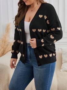 SHEIN Frenchy 大碼愛心圖案落肩袖開襟衫 - 黑色 - 查看 5