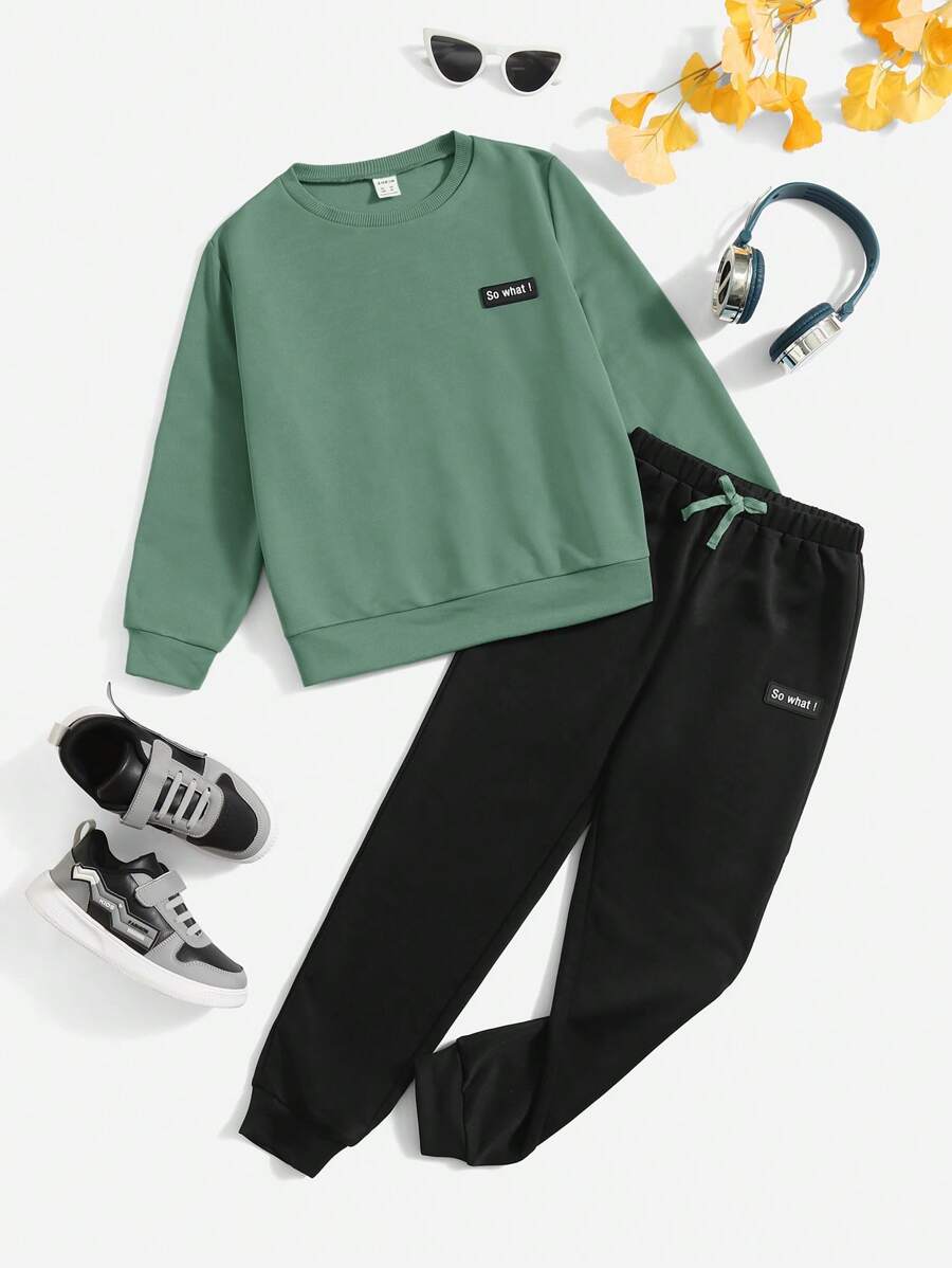 SHEIN Leap Crew Tween Boy Letter Patched Detail Pullover & Drawstring Waist Joggers - Green - View 1