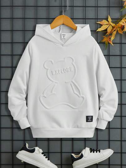SHEIN 男童纯色连帽休闲百搭压纹针织卫衣，秋冬季白色上衣
