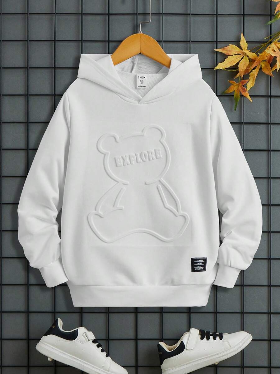 SHEIN Tween Jungen Sweatshirt mit Kapuze Einfarbig, vielseitig einsetzbar, geprägt, Strickpullover für Winter, Herbst, Weiß - Weiss - Übersicht 1
