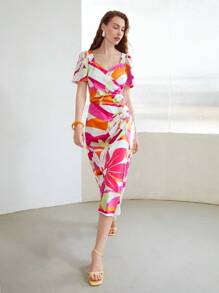 MOTF PREMIUM 花卉圖案雞心領口連衣裙無鏈 - 彩色 - 查看 7