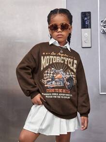 SHEIN Cô gái Tween Đồ họa xe máy & khẩu hiệu Thả vai Áo chui đầu Không có áo lót - Màu nâu Sô-cô-la - Xem 3