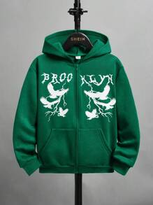 SHEIN 男大童鴿子印花拉鏈連帽衫 - 綠色 - 查看 1