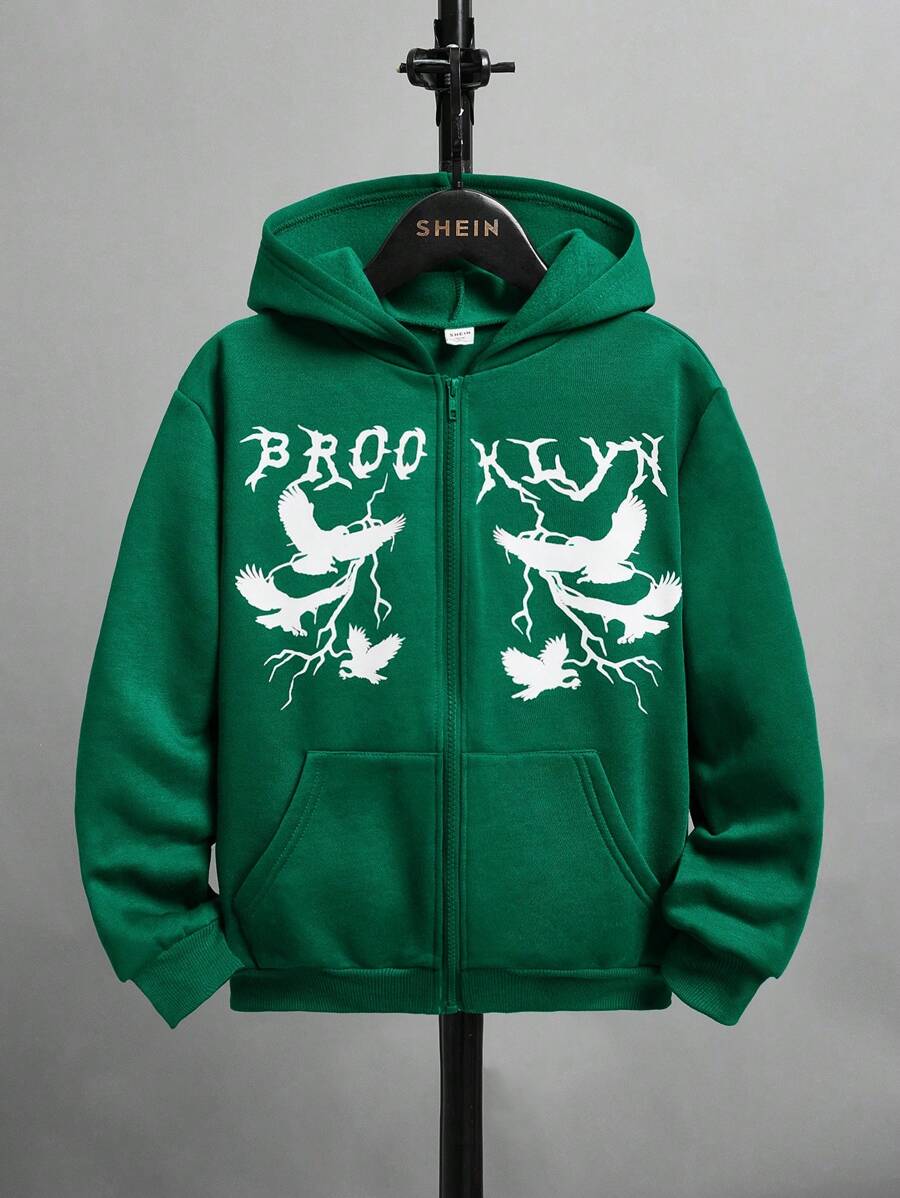 SHEIN 男大童鴿子印花拉鏈連帽衫 - 綠色 - 查看 1