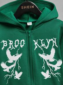 SHEIN 男大童鴿子印花拉鏈連帽衫 - 綠色 - 查看 3