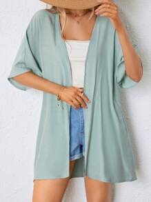 SHEIN VCAY Solid Open Front Kimono - Mint Green - View 1