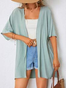 SHEIN VCAY Solid Open Front Kimono - Mint Green - View 3