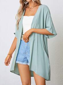SHEIN VCAY Solid Open Front Kimono - Mint Green - View 4