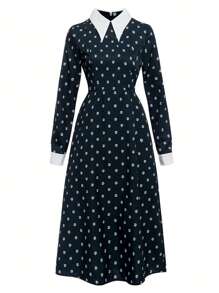 SHEIN 青少年女孩小碎花撞色領 A 字連衣裙