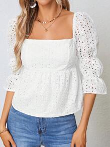 SHEIN Frenchy 方領網眼刺繡荷葉袖荷葉邊下擺襯衫 - 白色 - 查看 1