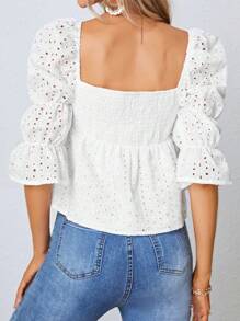 SHEIN Frenchy 方領網眼刺繡荷葉袖荷葉邊下擺襯衫 - 白色 - 查看 2