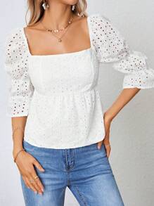 SHEIN Frenchy 方領網眼刺繡荷葉袖荷葉邊下擺襯衫 - 白色 - 查看 4