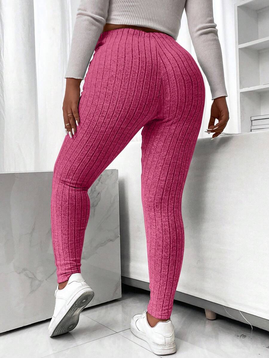 Calvaya Plus Solid Ribbed Knit Leggings - Hot Pink - View 1