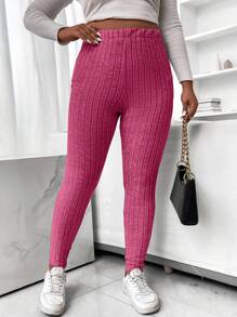 Calvaya Plus Solid Ribbed Knit Leggings - Hot Pink - View 2