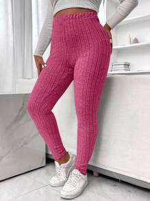 Calvaya Plus Solid Ribbed Knit Leggings - Hot Pink - View 4