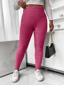 Calvaya Plus Solid Ribbed Knit Leggings - Hot Pink - View 5