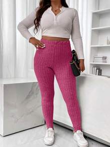 Calvaya Plus Solid Ribbed Knit Leggings - Hot Pink - View 6