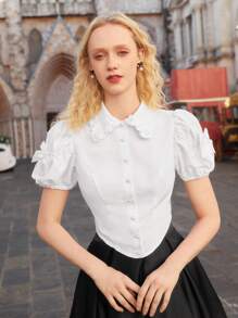 SHEIN MOD Puff Sleeve Button Front Asymmetrical Hem Shirt - White - View 3