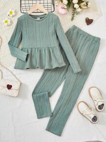 SHEIN 女大童素色花邊下擺上衣和褲子 - 薄荷綠 - 查看 1