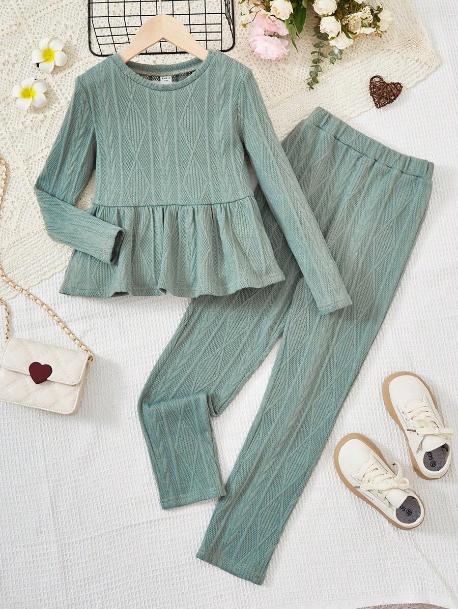 SHEIN 女大童素色花邊下擺上衣和褲子 - 薄荷綠 - 查看 1