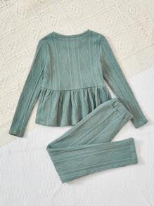SHEIN 女大童素色花邊下擺上衣和褲子 - 薄荷綠 - 查看 2