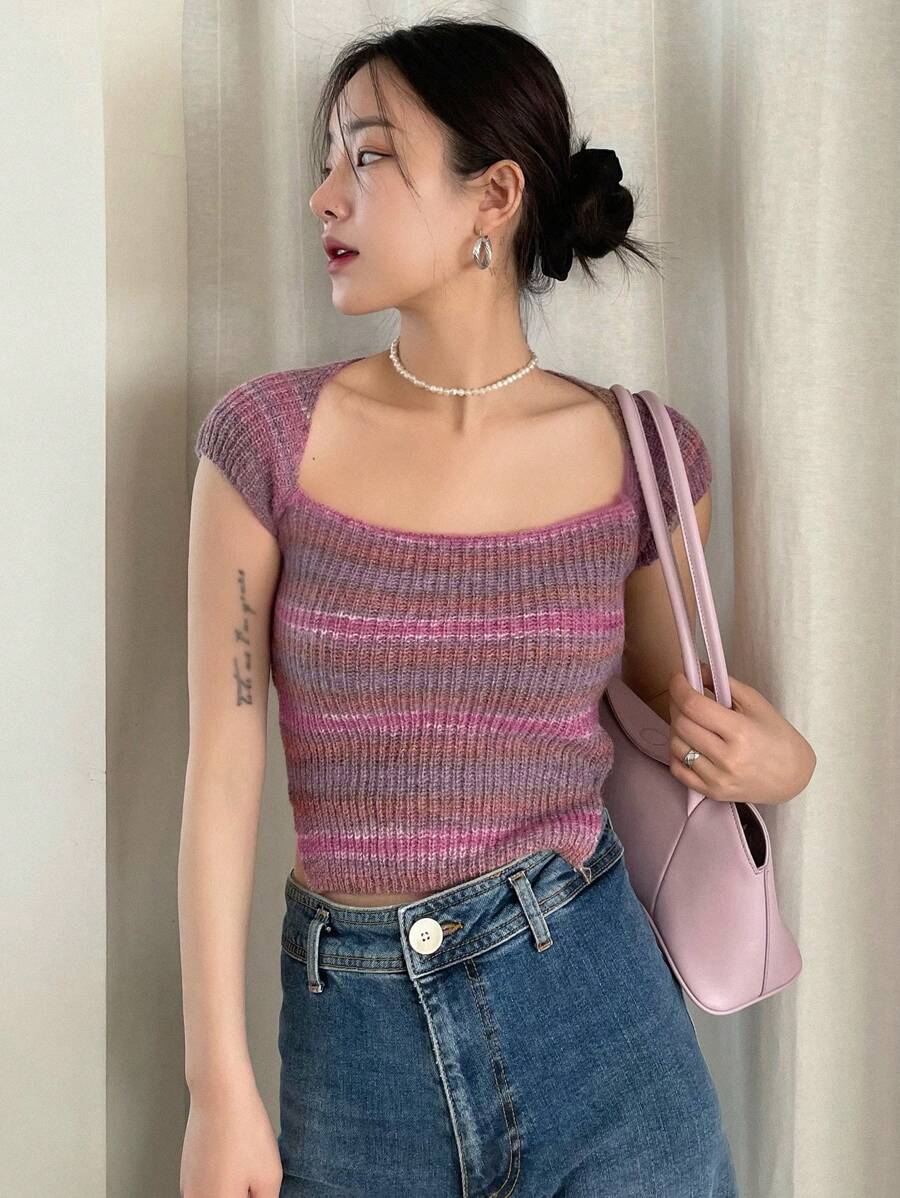 DAZY Mẫu sọc Áo đan Crop - Nhiều màu - Xem 1