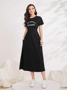 Seusyu 字母图案褶皱细节隐藏式口袋连衣裙长款女装 - 黑色 - 查看 1