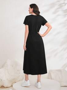 Seusyu 字母图案褶皱细节隐藏式口袋连衣裙长款女装 - 黑色 - 查看 2