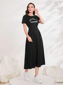 Seusyu 字母图案褶皱细节隐藏式口袋连衣裙长款女装 - 黑色 - 查看 7