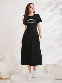 Seusyu 字母图案褶皱细节隐藏式口袋连衣裙长款女装 - 黑色 - 查看 6