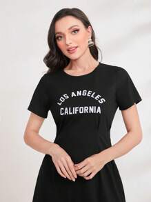 Seusyu 字母图案褶皱细节隐藏式口袋连衣裙长款女装 - 黑色 - 查看 5