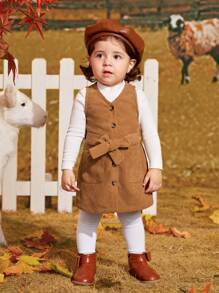 SHEIN 嬰兒女孩休閒燈芯絨無袖繫腰帶洋裝,中等厚度