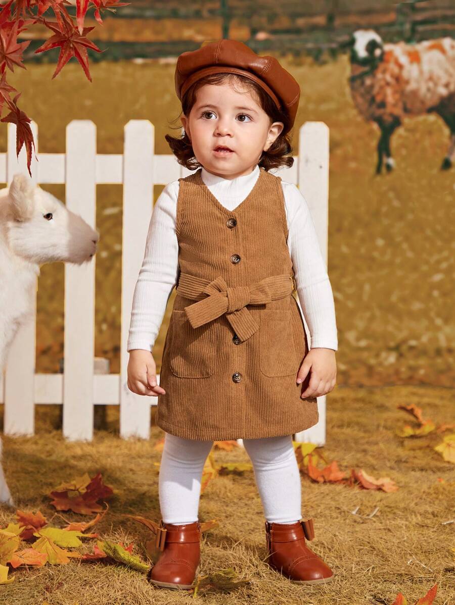 SHEIN 嬰兒女孩休閒燈芯絨無袖繫腰帶洋裝,中等厚度