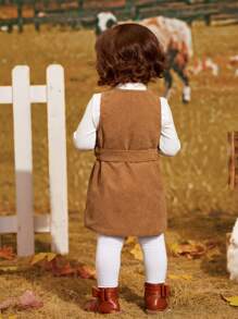 SHEIN 嬰兒女孩休閒燈芯絨無袖繫腰帶洋裝,中等厚度