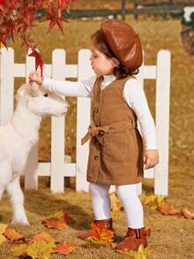 SHEIN 嬰兒女孩休閒燈芯絨無袖繫腰帶洋裝,中等厚度