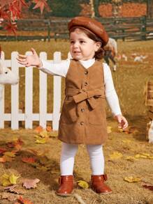 SHEIN 嬰兒女孩休閒燈芯絨無袖繫腰帶洋裝,中等厚度