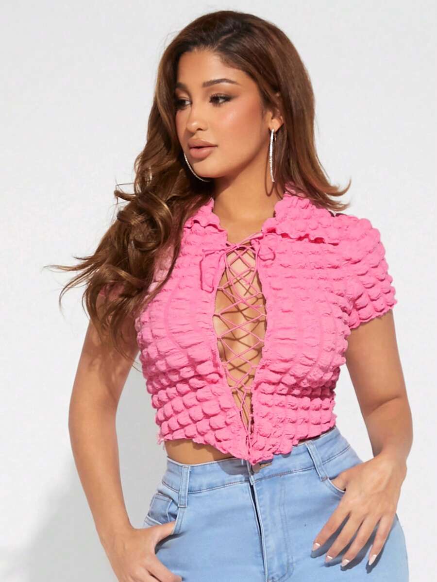 SHEIN SXY 前繫帶短款T恤 - 粉色 - 查看 1