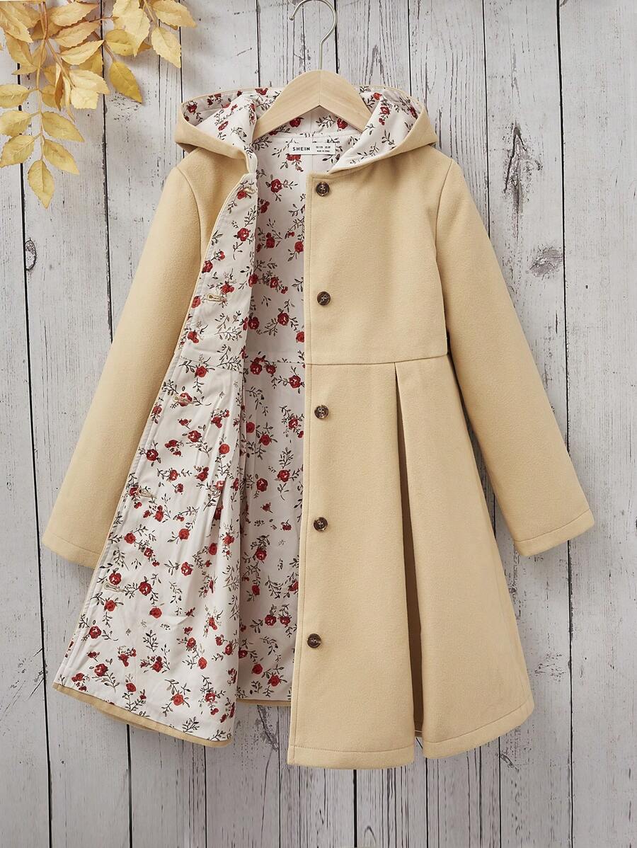 SHEIN Cô gái Tween 1 Miếng Xếp nếp áo có mũ Áo khoác - Màu Khaki - Xem 1