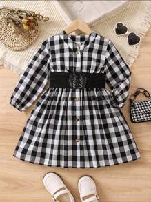 SHEIN Young Girl Gingham Print Button Front Dress With Corset Belt - Black and White - View 1