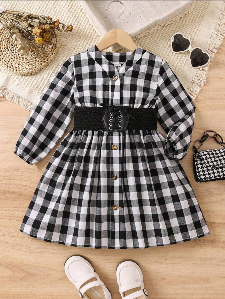 SHEIN Young Girl Gingham Print Button Front Dress With Corset Belt - Black and White - View 1