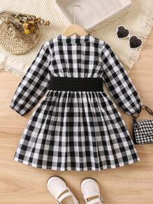 SHEIN Young Girl Gingham Print Button Front Dress With Corset Belt - Black and White - View 2