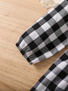 SHEIN Young Girl Gingham Print Button Front Dress With Corset Belt - Black and White - View 5