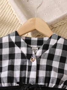 SHEIN Young Girl Gingham Print Button Front Dress With Corset Belt - Black and White - View 6