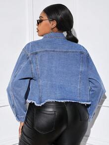 SHEIN SXY 大碼亮片拼接毛邊落肩袖牛仔夾克 - 中等水洗藍 - 查看 2