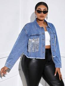 SHEIN SXY 大碼亮片拼接毛邊落肩袖牛仔夾克 - 中等水洗藍 - 查看 3