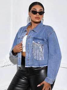 SHEIN SXY 大碼亮片拼接毛邊落肩袖牛仔夾克 - 中等水洗藍 - 查看 5