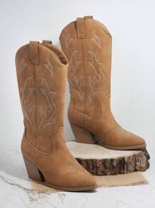 SHUZIA 刺繡細節粗跟西部牛仔靴 - 棕色 - 查看 2