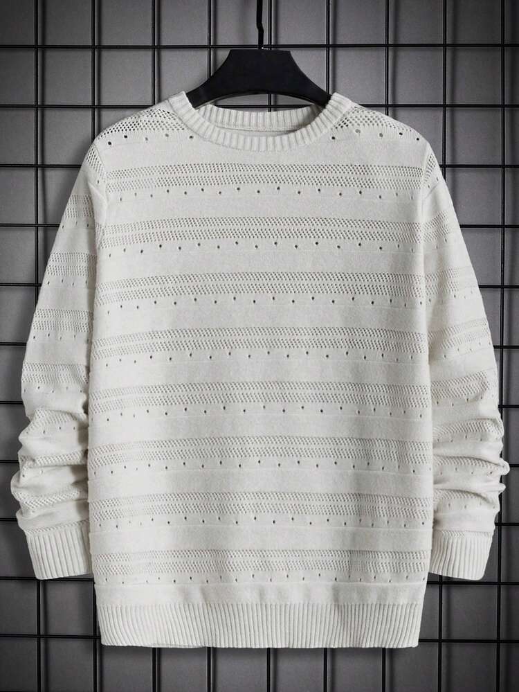 Men Solid Pointelle Knit Sweater, For Fall Winter