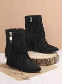 SHUZIA 仿麂皮流蘇細節尖頭坡跟靴 - 黑色 - 查看 2